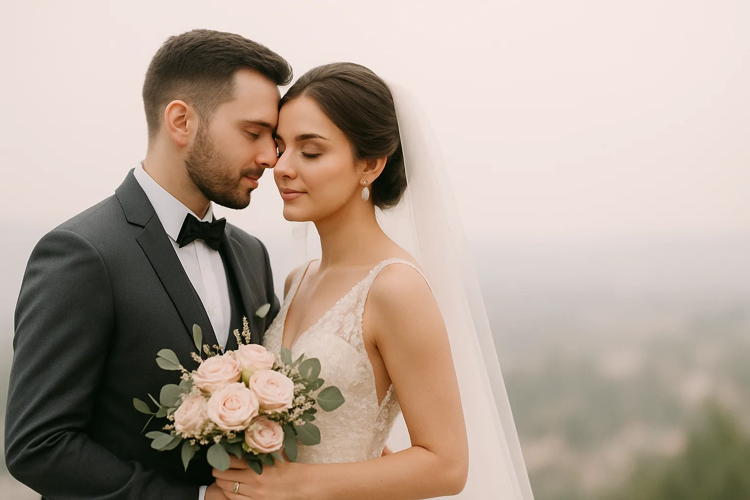 A South African bride and groom in soft afternoon light, foreheads pressed together, the bride holding a bouquet of cream and blush roses against a lace gown