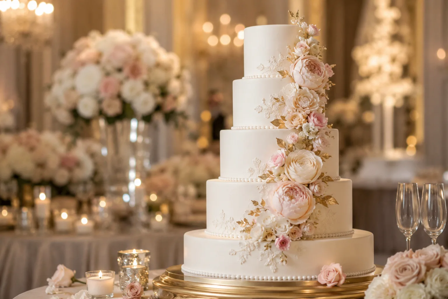 An elegant five-tier white wedding cake adorned with blush pink and gold floral arrangements in a softly lit reception venue