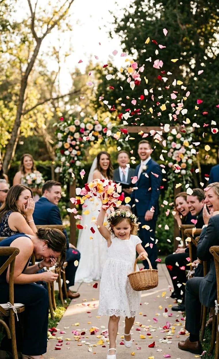A flower girl in a white dress tosses rose petals down the aisle at an outdoor South African garden wedding, the bride and groom standing under a floral arch behind her