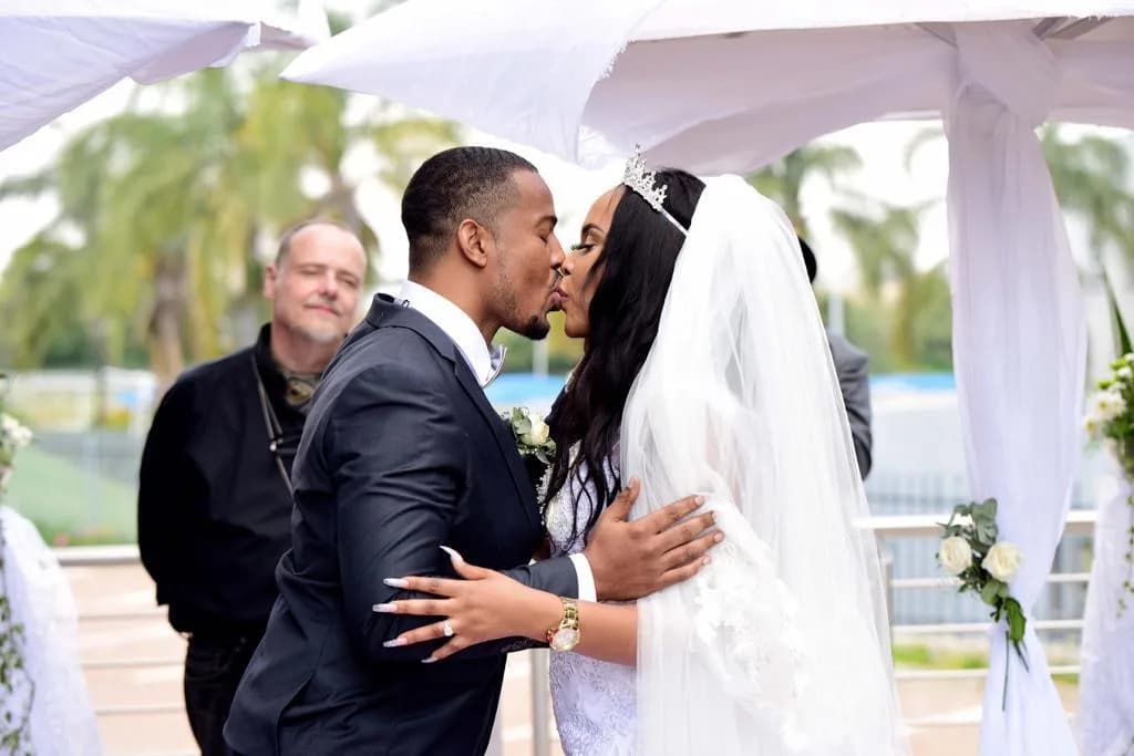 Marriage officer Dr Heinrich Lottering officiating a couple’s first kiss at their wedding ceremony